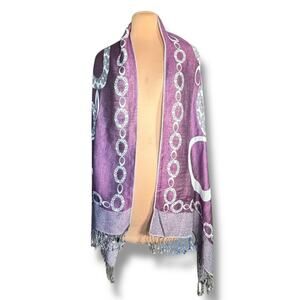 Purple Reversible Geometric Circle Print Fringe Shawl Scarf Wrap Versatile